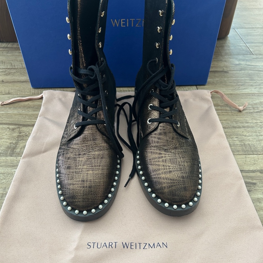 Stuart Weitzman Metallic Black Combat Boots